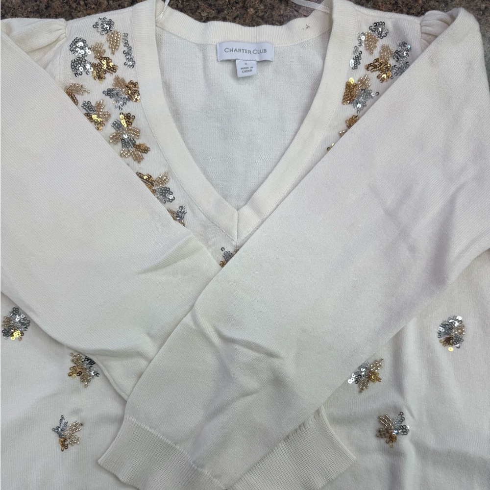 Charter Club Cream V-Neck with Gold and Silver Sequins
